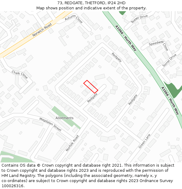 73, REDGATE, THETFORD, IP24 2HD: Location map and indicative extent of plot