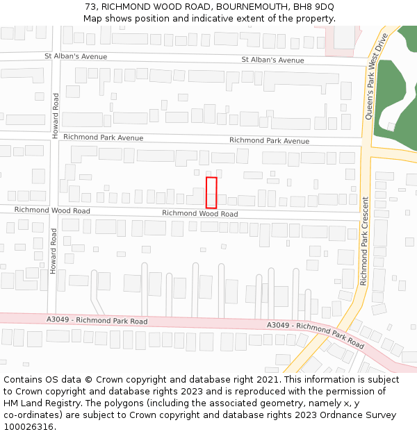 73, RICHMOND WOOD ROAD, BOURNEMOUTH, BH8 9DQ: Location map and indicative extent of plot