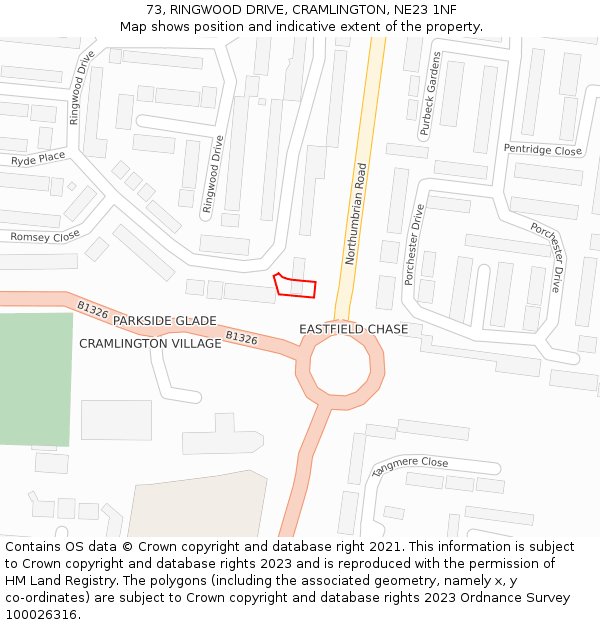 73, RINGWOOD DRIVE, CRAMLINGTON, NE23 1NF: Location map and indicative extent of plot