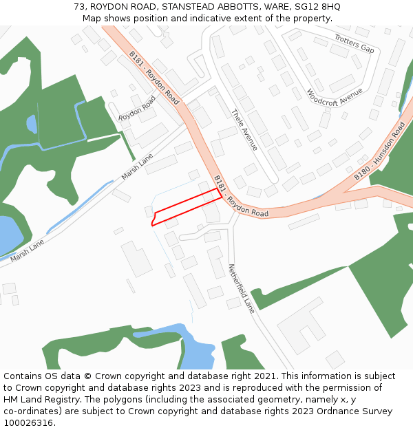 73, ROYDON ROAD, STANSTEAD ABBOTTS, WARE, SG12 8HQ: Location map and indicative extent of plot