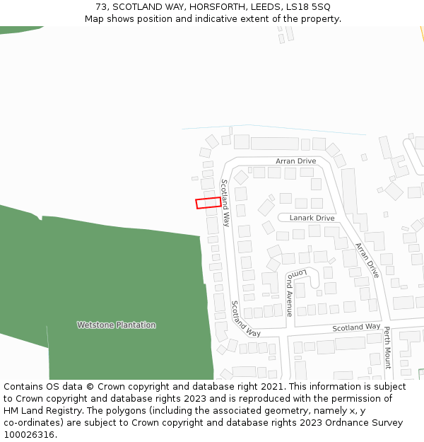 73, SCOTLAND WAY, HORSFORTH, LEEDS, LS18 5SQ: Location map and indicative extent of plot