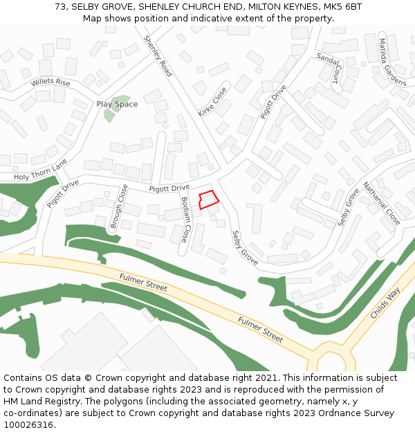73, SELBY GROVE, SHENLEY CHURCH END, MILTON KEYNES, MK5 6BT: Location map and indicative extent of plot