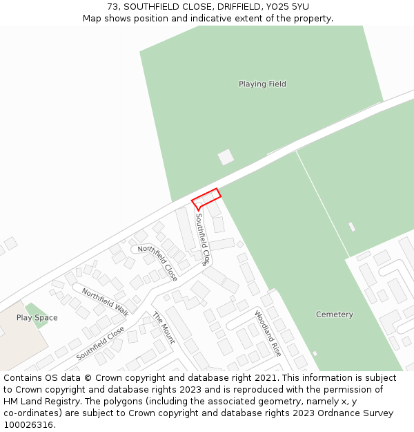 73, SOUTHFIELD CLOSE, DRIFFIELD, YO25 5YU: Location map and indicative extent of plot