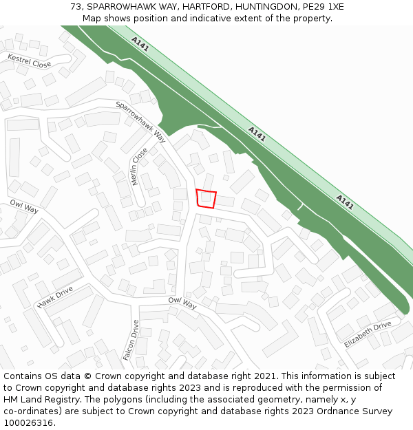 73, SPARROWHAWK WAY, HARTFORD, HUNTINGDON, PE29 1XE: Location map and indicative extent of plot