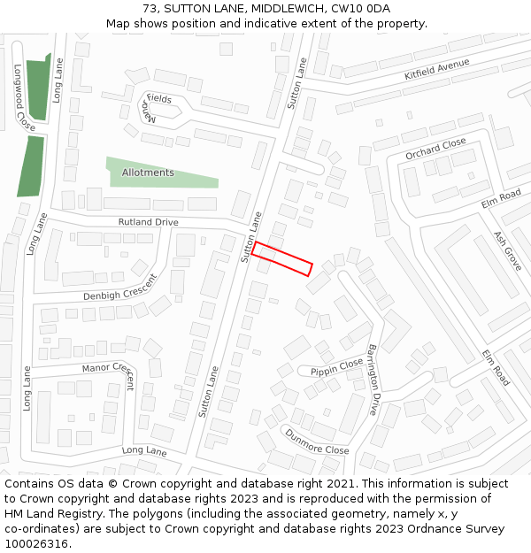 73, SUTTON LANE, MIDDLEWICH, CW10 0DA: Location map and indicative extent of plot