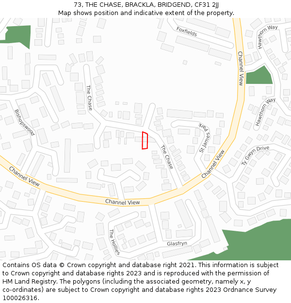 73, THE CHASE, BRACKLA, BRIDGEND, CF31 2JJ: Location map and indicative extent of plot