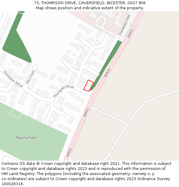 73, THOMPSON DRIVE, CAVERSFIELD, BICESTER, OX27 8FA: Location map and indicative extent of plot