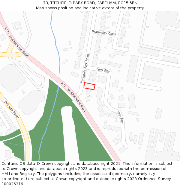 73, TITCHFIELD PARK ROAD, FAREHAM, PO15 5RN: Location map and indicative extent of plot