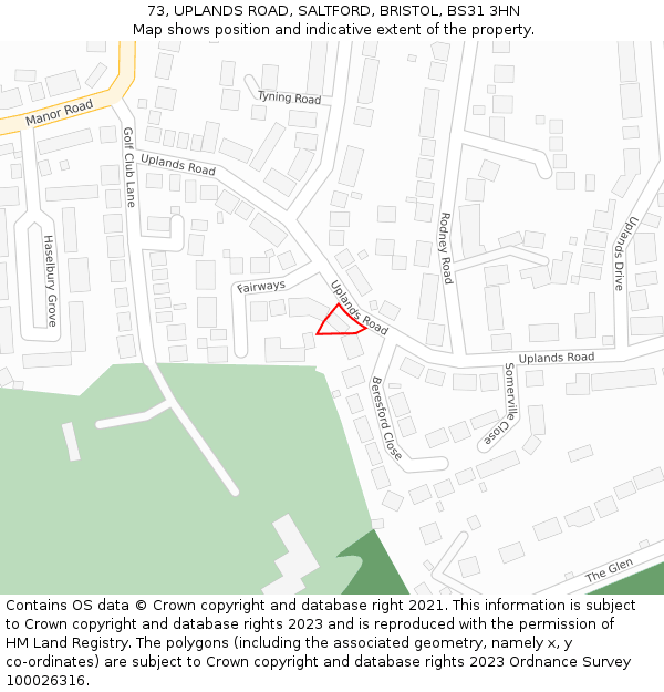 73, UPLANDS ROAD, SALTFORD, BRISTOL, BS31 3HN: Location map and indicative extent of plot