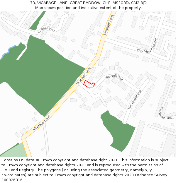 73, VICARAGE LANE, GREAT BADDOW, CHELMSFORD, CM2 8JD: Location map and indicative extent of plot