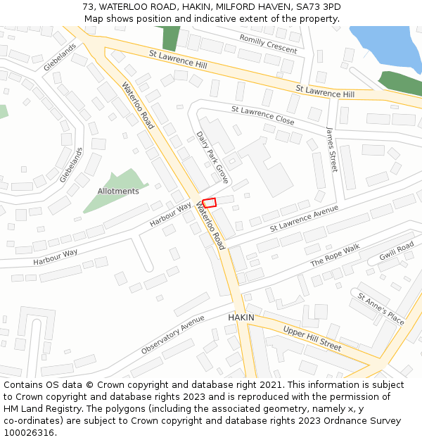 73, WATERLOO ROAD, HAKIN, MILFORD HAVEN, SA73 3PD: Location map and indicative extent of plot