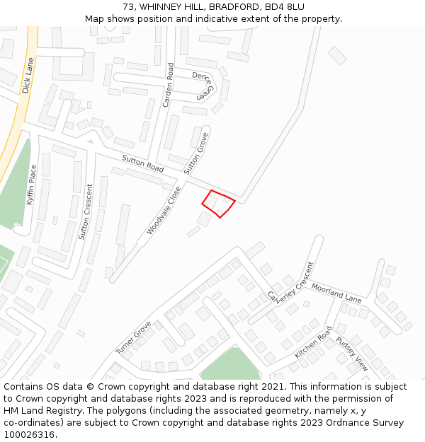 73, WHINNEY HILL, BRADFORD, BD4 8LU: Location map and indicative extent of plot