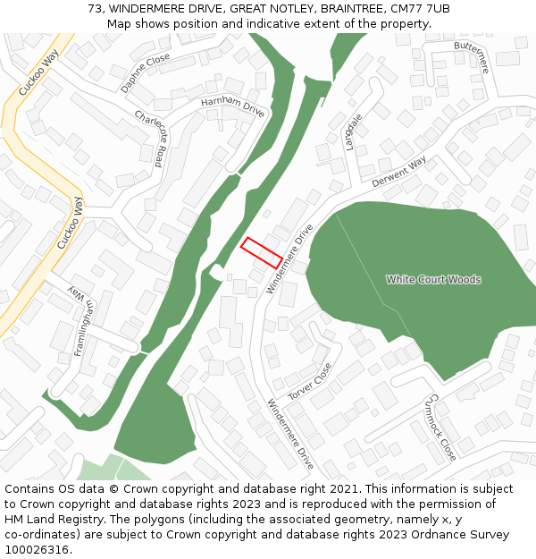 73, WINDERMERE DRIVE, GREAT NOTLEY, BRAINTREE, CM77 7UB: Location map and indicative extent of plot