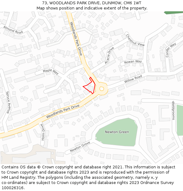 73, WOODLANDS PARK DRIVE, DUNMOW, CM6 1WT: Location map and indicative extent of plot