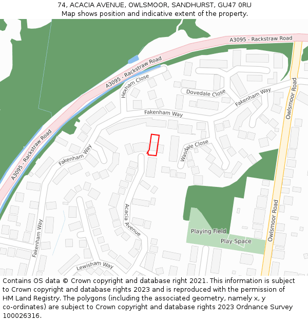 74, ACACIA AVENUE, OWLSMOOR, SANDHURST, GU47 0RU: Location map and indicative extent of plot