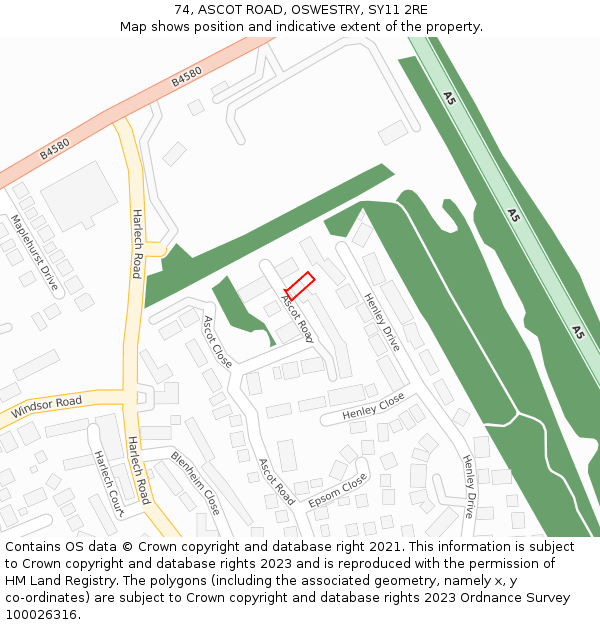74, ASCOT ROAD, OSWESTRY, SY11 2RE: Location map and indicative extent of plot