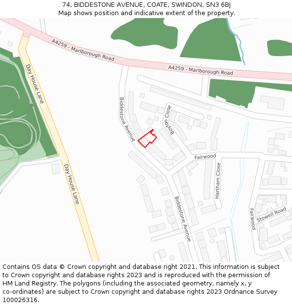 74, BIDDESTONE AVENUE, COATE, SWINDON, SN3 6BJ: Location map and indicative extent of plot