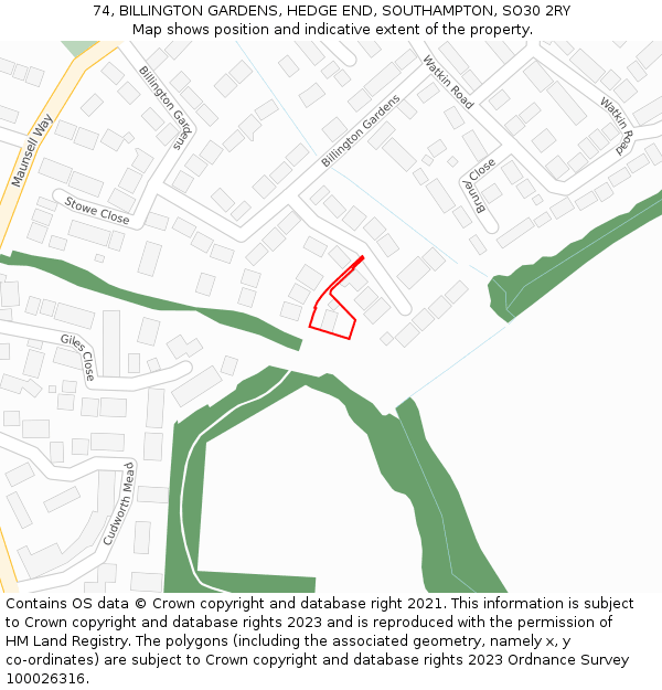 74, BILLINGTON GARDENS, HEDGE END, SOUTHAMPTON, SO30 2RY: Location map and indicative extent of plot