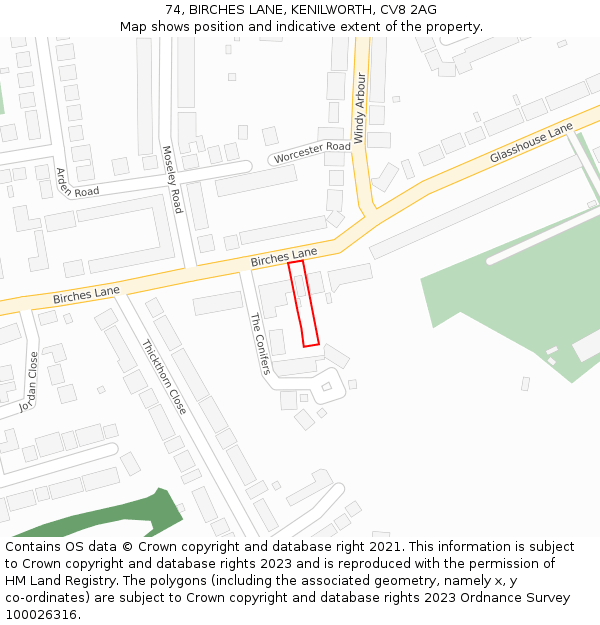 74, BIRCHES LANE, KENILWORTH, CV8 2AG: Location map and indicative extent of plot