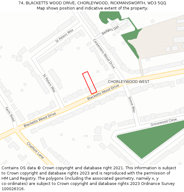 74, BLACKETTS WOOD DRIVE, CHORLEYWOOD, RICKMANSWORTH, WD3 5QQ: Location map and indicative extent of plot
