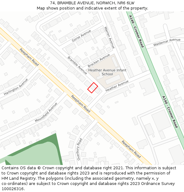74, BRAMBLE AVENUE, NORWICH, NR6 6LW: Location map and indicative extent of plot