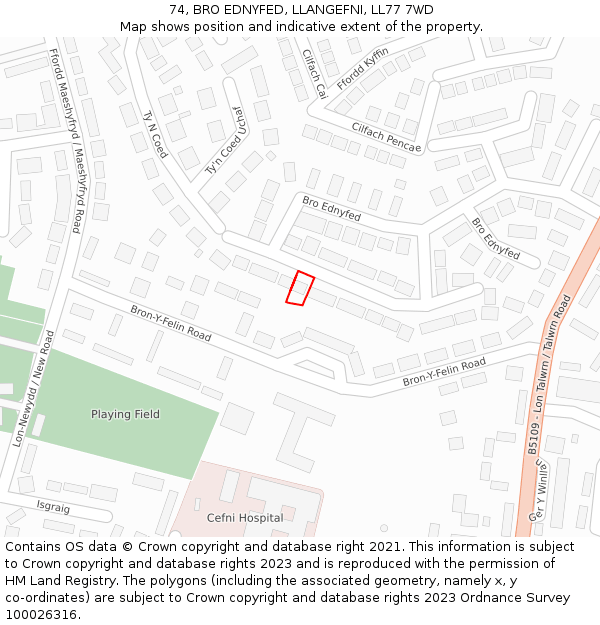 74, BRO EDNYFED, LLANGEFNI, LL77 7WD: Location map and indicative extent of plot