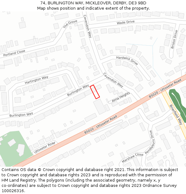 74, BURLINGTON WAY, MICKLEOVER, DERBY, DE3 9BD: Location map and indicative extent of plot