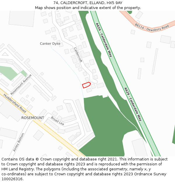 74, CALDERCROFT, ELLAND, HX5 9AY: Location map and indicative extent of plot