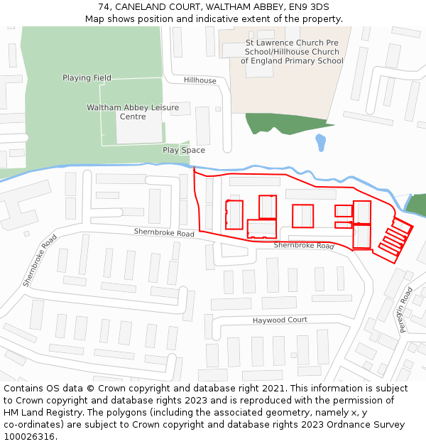 74, CANELAND COURT, WALTHAM ABBEY, EN9 3DS: Location map and indicative extent of plot