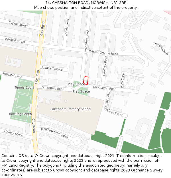 74, CARSHALTON ROAD, NORWICH, NR1 3BB: Location map and indicative extent of plot