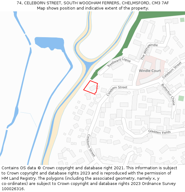 74, CELEBORN STREET, SOUTH WOODHAM FERRERS, CHELMSFORD, CM3 7AF: Location map and indicative extent of plot