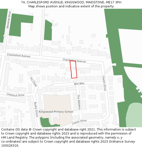 74, CHARLESFORD AVENUE, KINGSWOOD, MAIDSTONE, ME17 3PH: Location map and indicative extent of plot