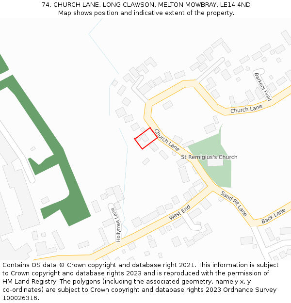74, CHURCH LANE, LONG CLAWSON, MELTON MOWBRAY, LE14 4ND: Location map and indicative extent of plot