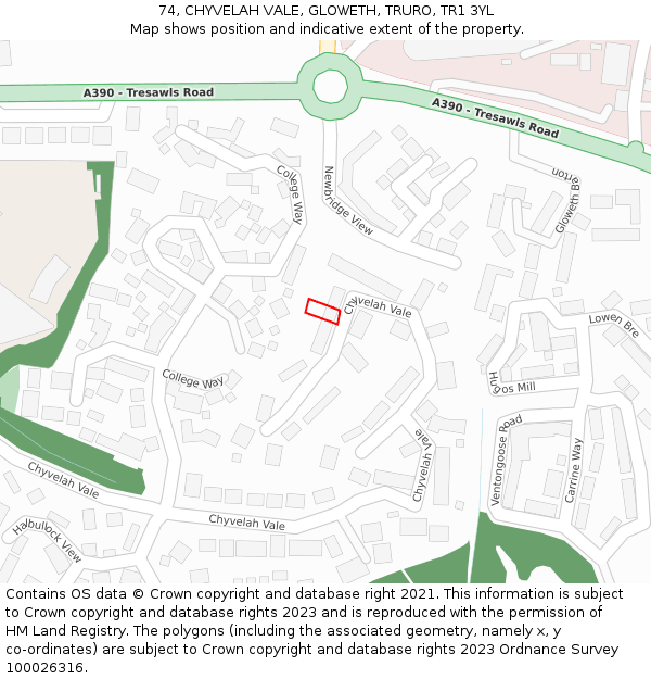 74, CHYVELAH VALE, GLOWETH, TRURO, TR1 3YL: Location map and indicative extent of plot