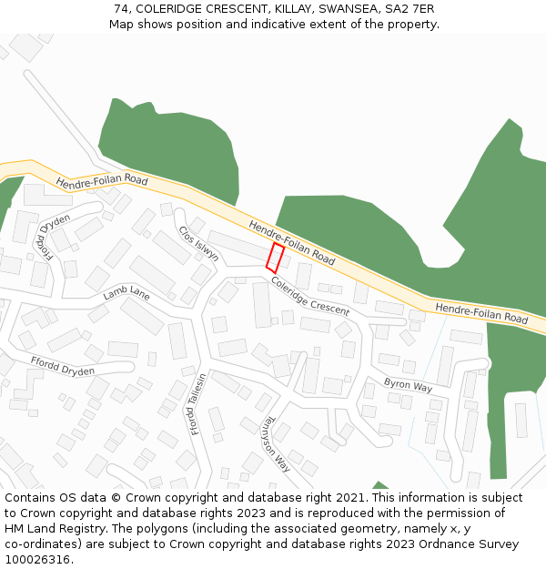 74, COLERIDGE CRESCENT, KILLAY, SWANSEA, SA2 7ER: Location map and indicative extent of plot