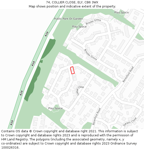 74, COLLIER CLOSE, ELY, CB6 3WX: Location map and indicative extent of plot