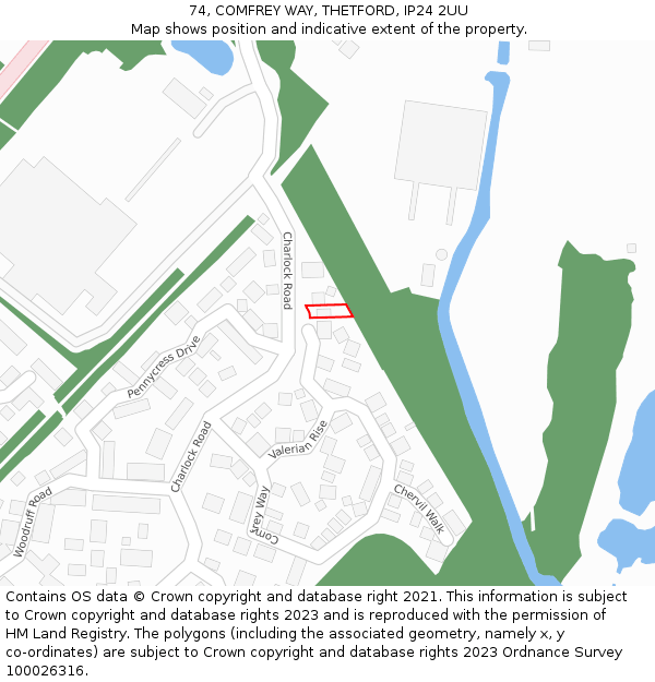 74, COMFREY WAY, THETFORD, IP24 2UU: Location map and indicative extent of plot