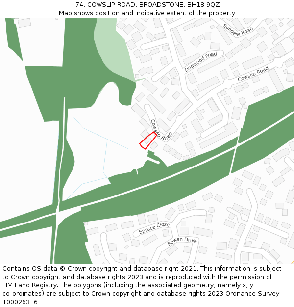 74, COWSLIP ROAD, BROADSTONE, BH18 9QZ: Location map and indicative extent of plot