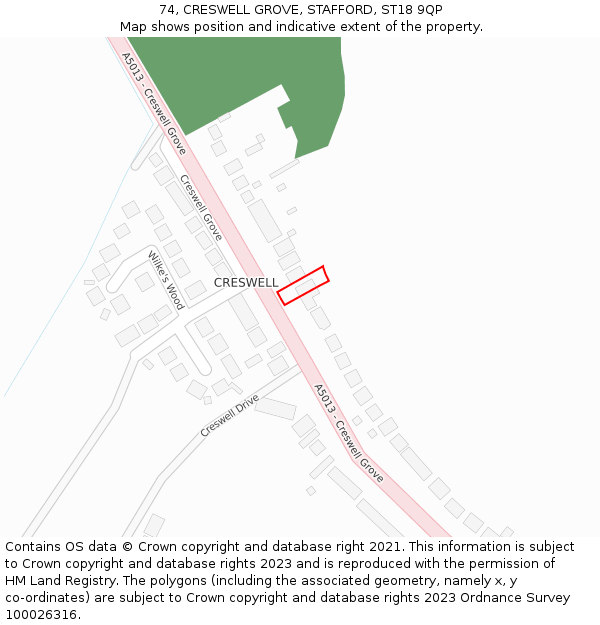 74, CRESWELL GROVE, STAFFORD, ST18 9QP: Location map and indicative extent of plot
