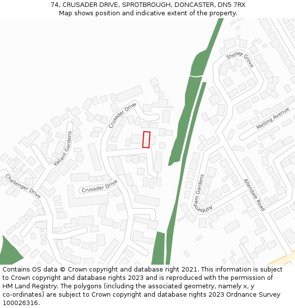 74, CRUSADER DRIVE, SPROTBROUGH, DONCASTER, DN5 7RX: Location map and indicative extent of plot