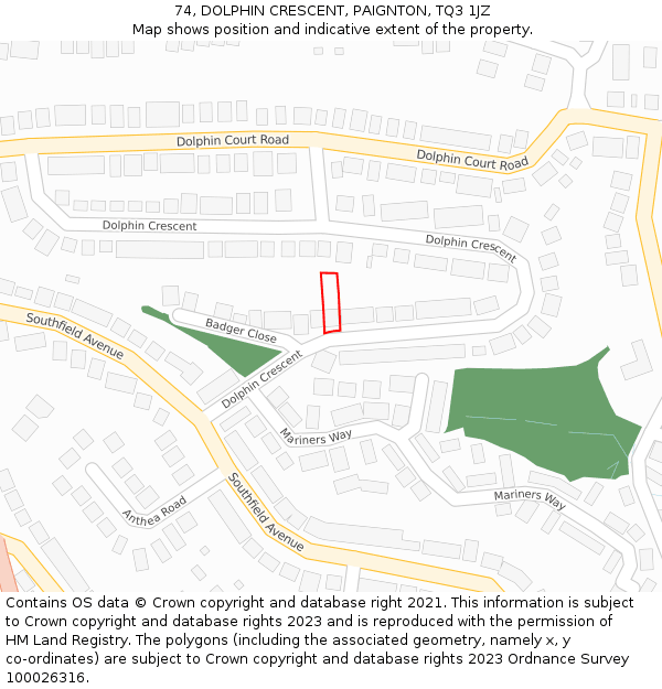 74, DOLPHIN CRESCENT, PAIGNTON, TQ3 1JZ: Location map and indicative extent of plot