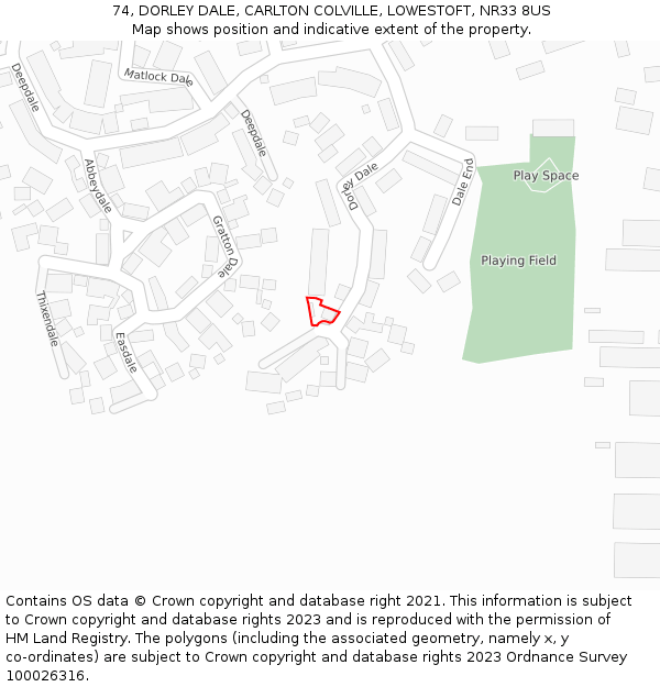 74, DORLEY DALE, CARLTON COLVILLE, LOWESTOFT, NR33 8US: Location map and indicative extent of plot