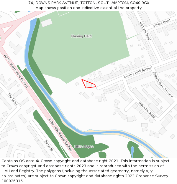 74, DOWNS PARK AVENUE, TOTTON, SOUTHAMPTON, SO40 9GX: Location map and indicative extent of plot