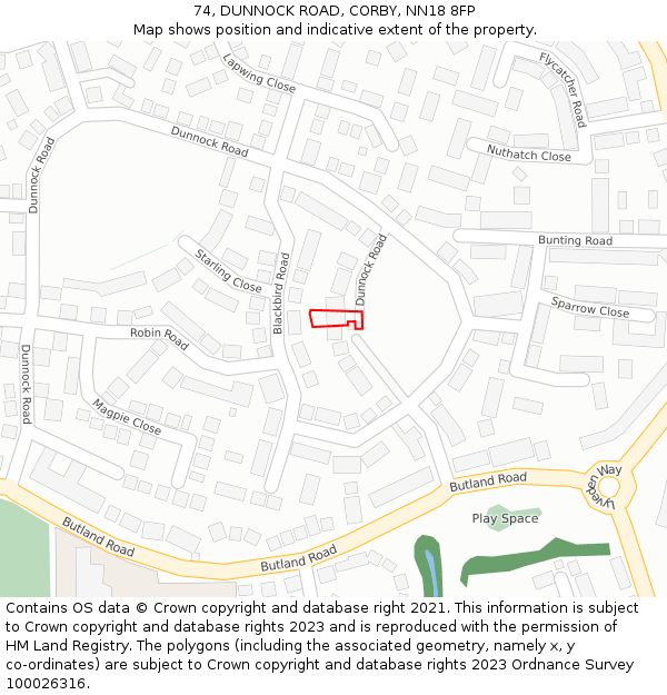 74, DUNNOCK ROAD, CORBY, NN18 8FP: Location map and indicative extent of plot