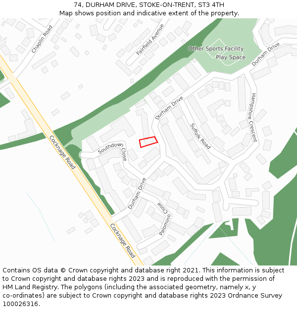 74, DURHAM DRIVE, STOKE-ON-TRENT, ST3 4TH: Location map and indicative extent of plot