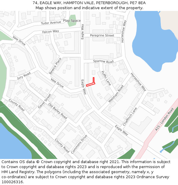 74, EAGLE WAY, HAMPTON VALE, PETERBOROUGH, PE7 8EA: Location map and indicative extent of plot