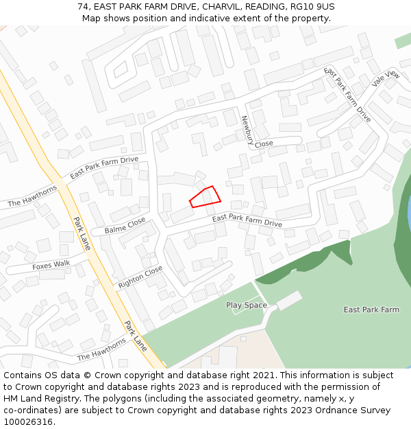 74, EAST PARK FARM DRIVE, CHARVIL, READING, RG10 9US: Location map and indicative extent of plot