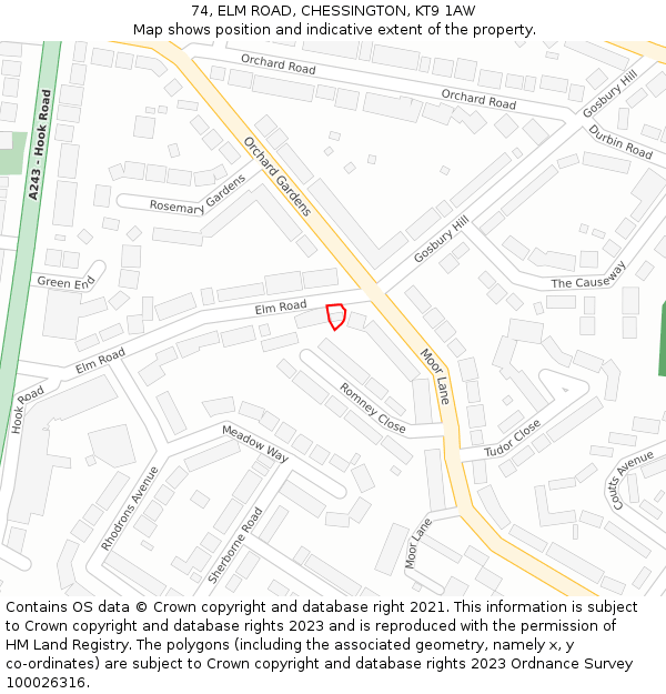74, ELM ROAD, CHESSINGTON, KT9 1AW: Location map and indicative extent of plot
