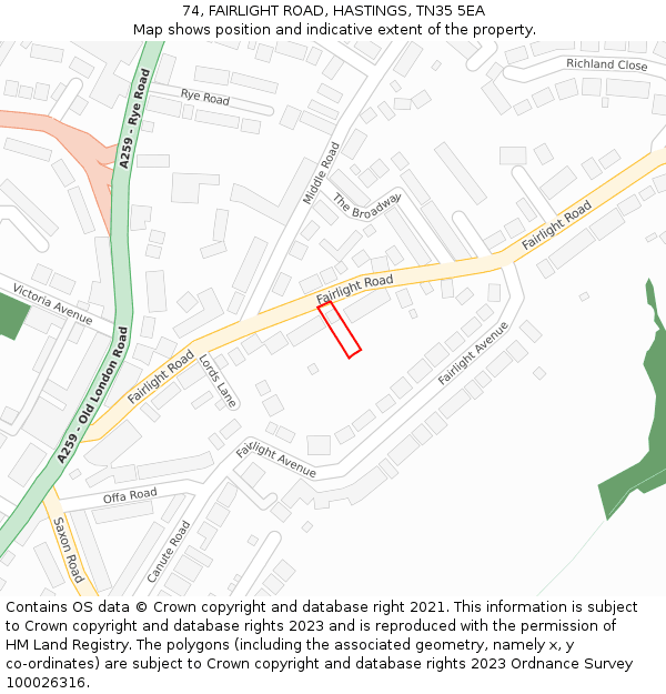 74, FAIRLIGHT ROAD, HASTINGS, TN35 5EA: Location map and indicative extent of plot