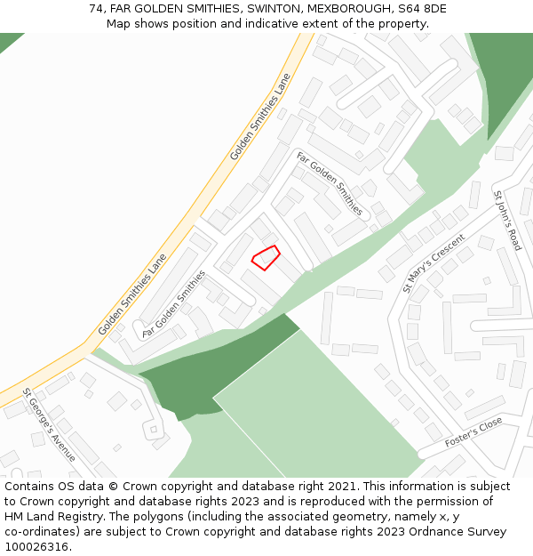 74, FAR GOLDEN SMITHIES, SWINTON, MEXBOROUGH, S64 8DE: Location map and indicative extent of plot